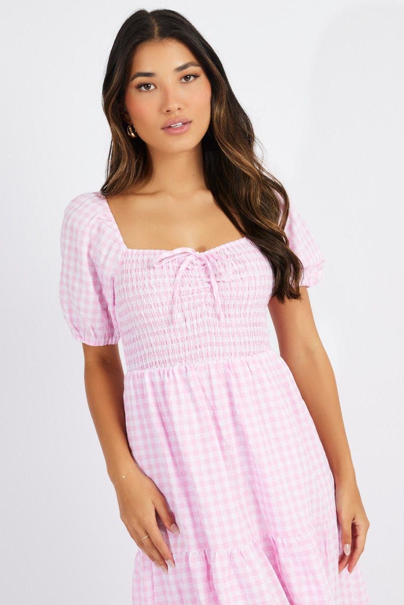 Pink Check Maxi Dress Short Sleeve Shirred sold by Ally Fashion product image thumbnail 2