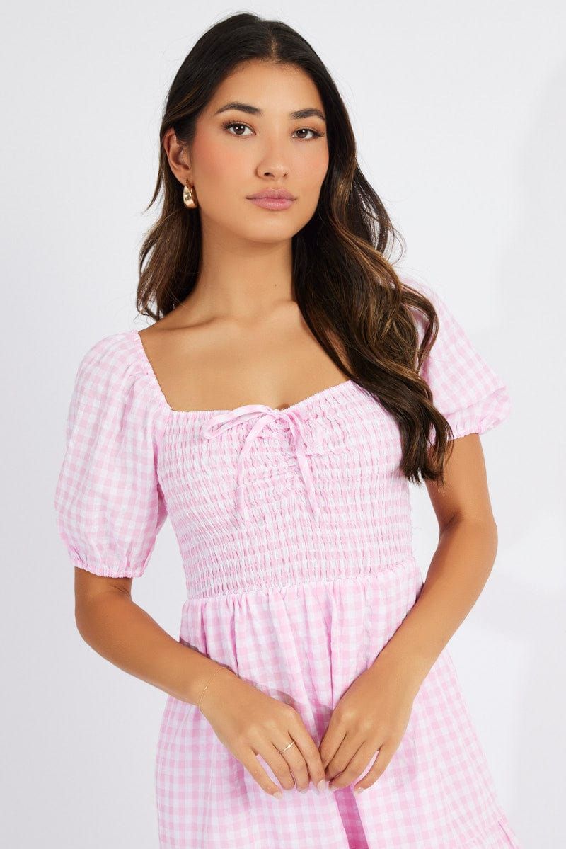 Pink Check Maxi Dress Short Sleeve Shirred sold by Ally Fashion product image thumbnail 3