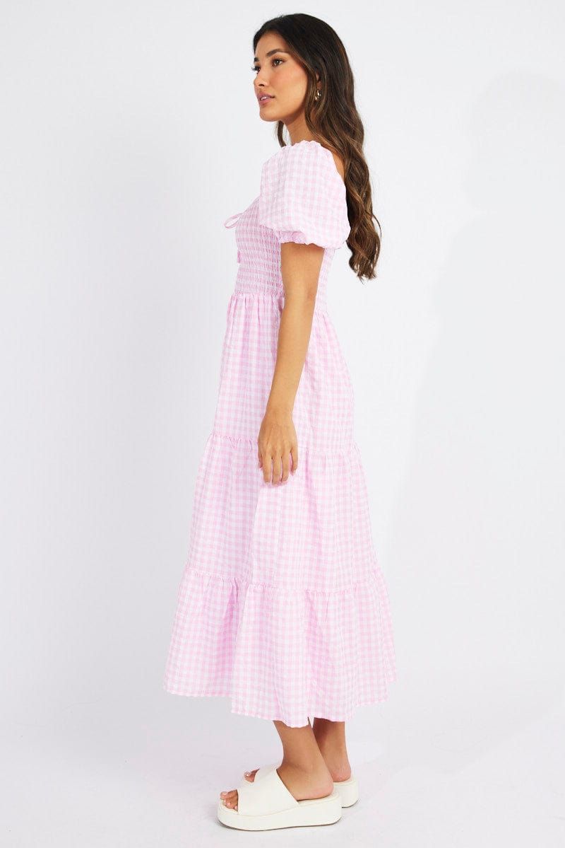 Pink Check Maxi Dress Short Sleeve Shirred sold by Ally Fashion product image thumbnail 4