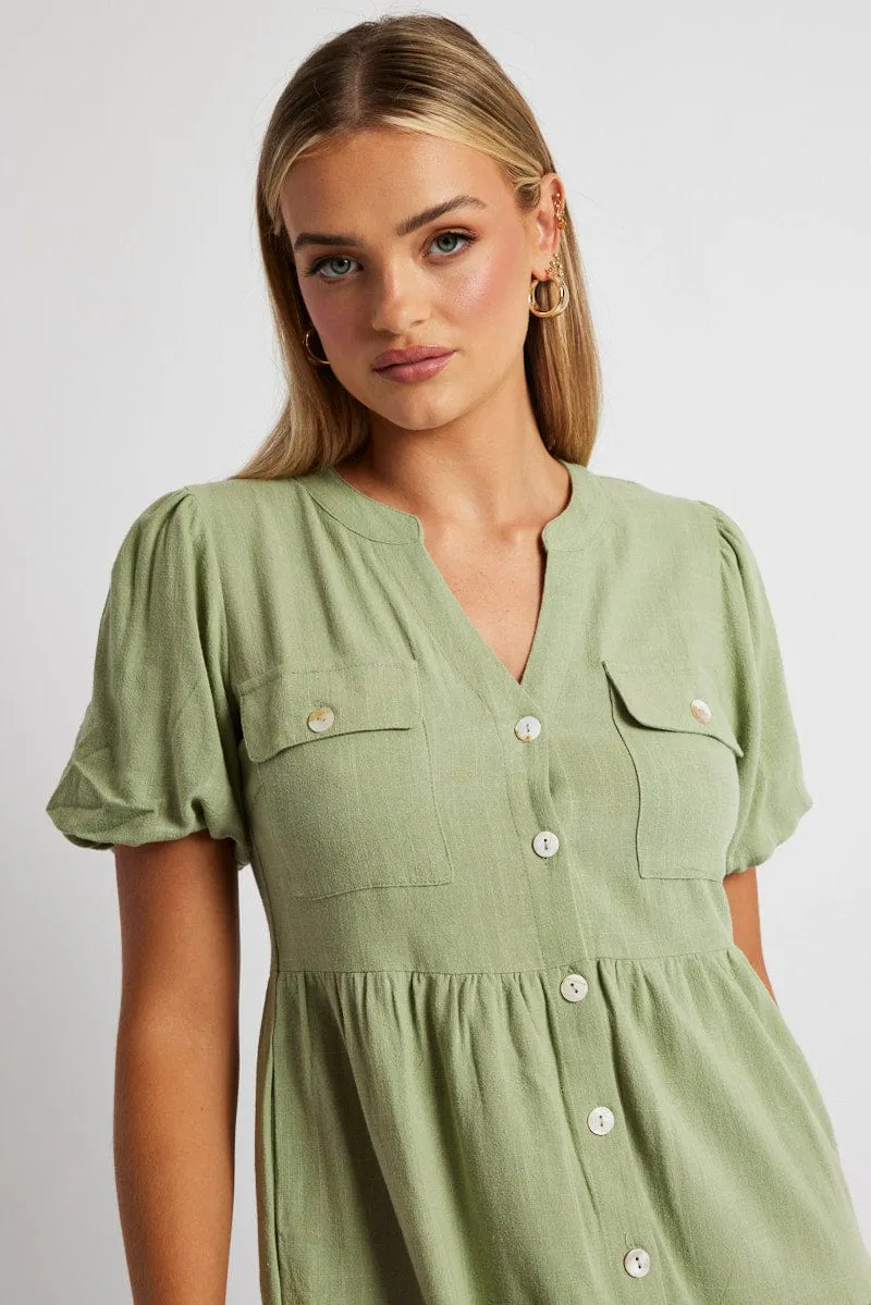 Green Button Through Mini Dress Collar Linen Blend sold by Ally Fashion product image thumbnail 3