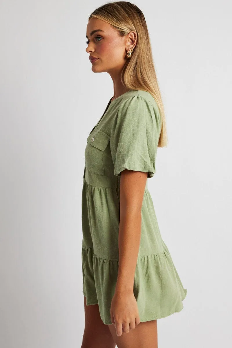 Green Button Through Mini Dress Collar Linen Blend sold by Ally Fashion product image thumbnail 4