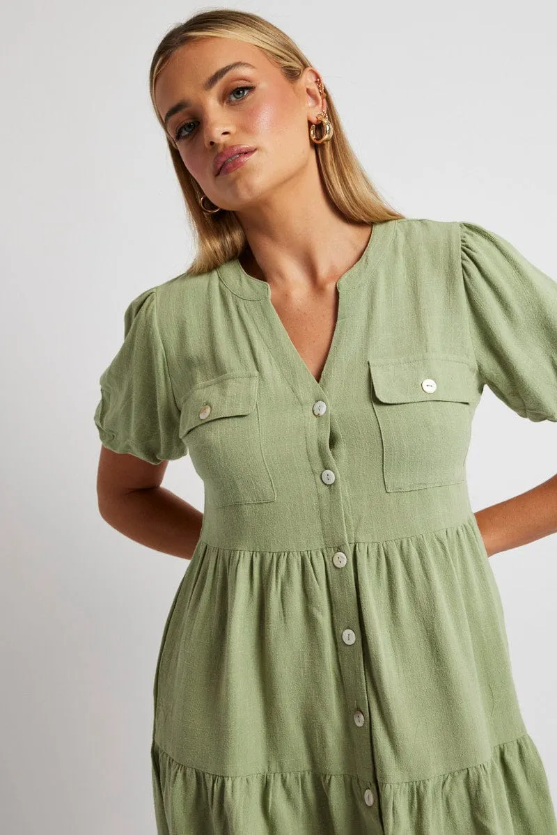 Green Button Through Mini Dress Collar Linen Blend sold by Ally Fashion