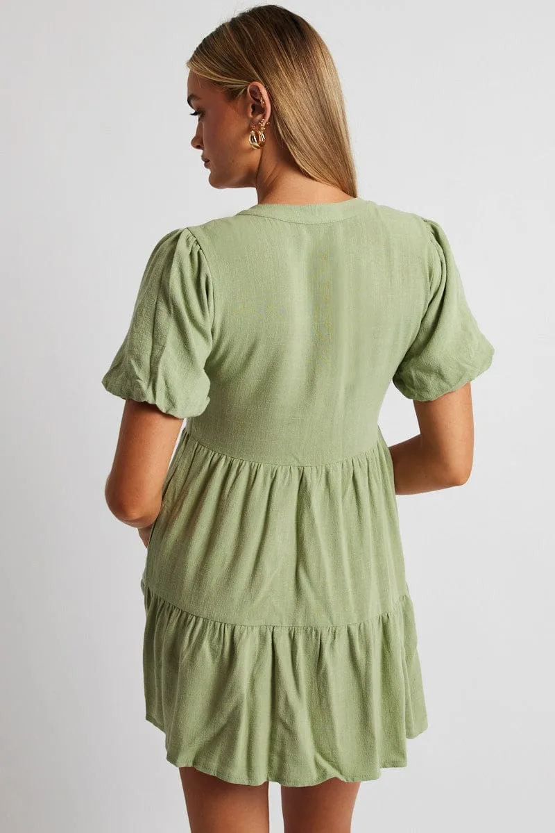 Green Button Through Mini Dress Collar Linen Blend sold by Ally Fashion product image thumbnail 5