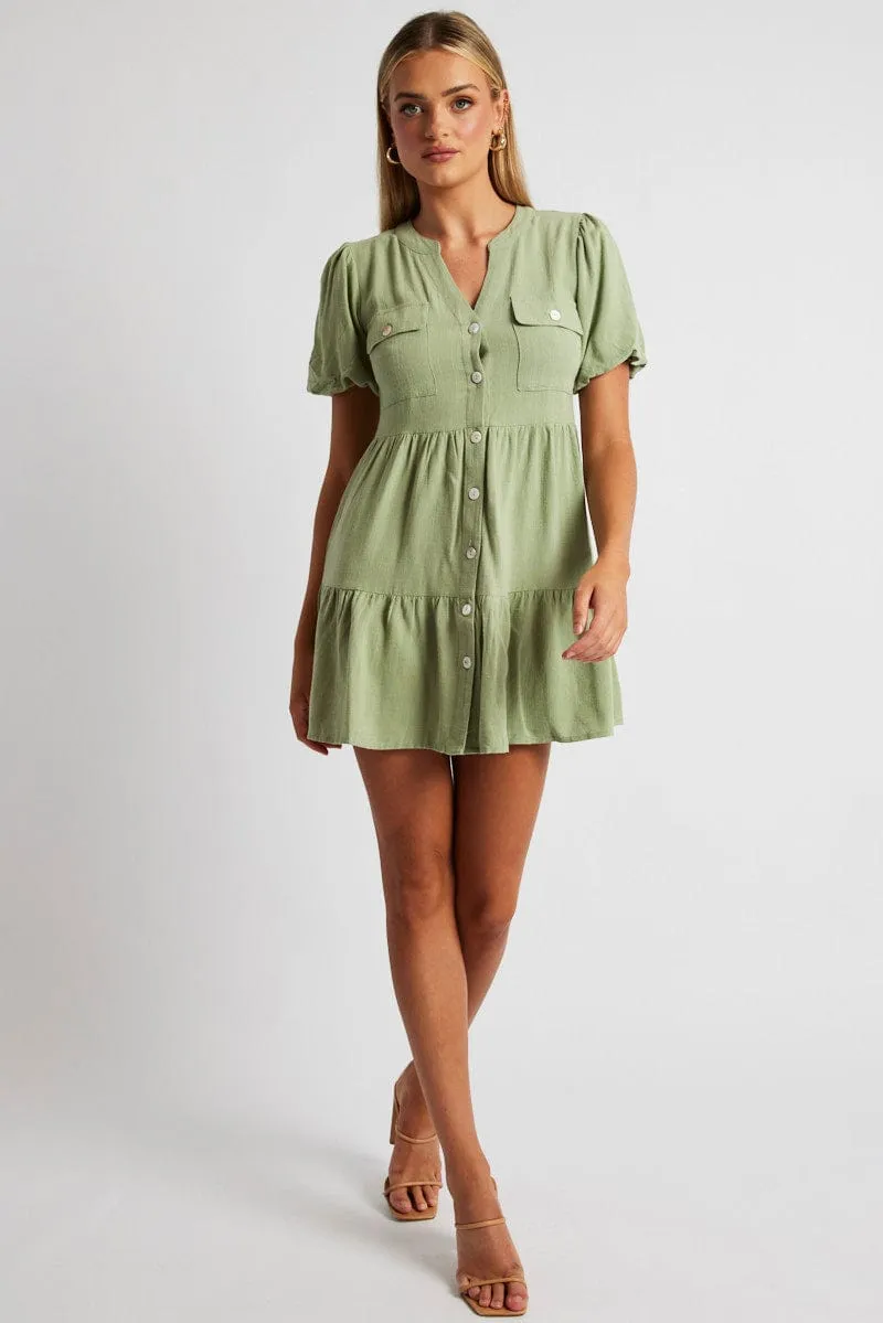 Green Button Through Mini Dress Collar Linen Blend sold by Ally Fashion product image thumbnail 2