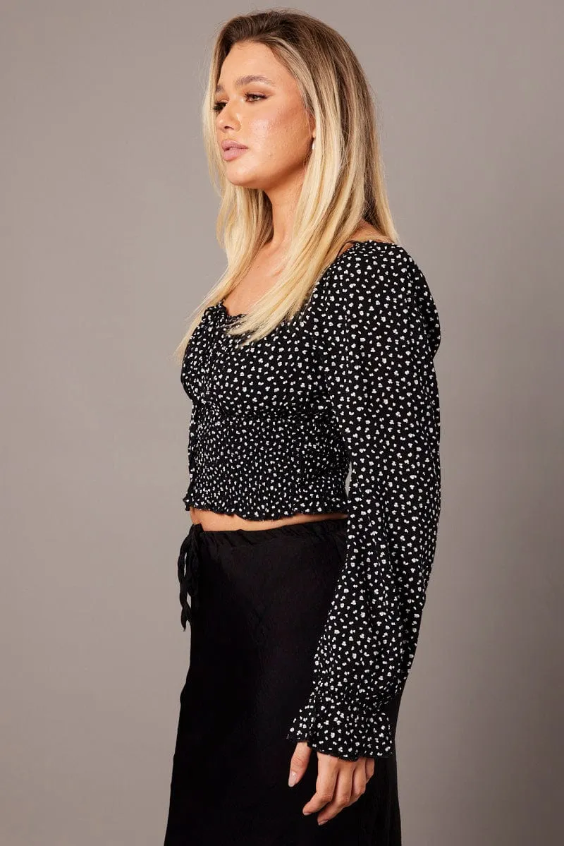 Black Ditsy Crop Top Long Sleeve Shirred Waist sold by Ally Fashion product image thumbnail 4