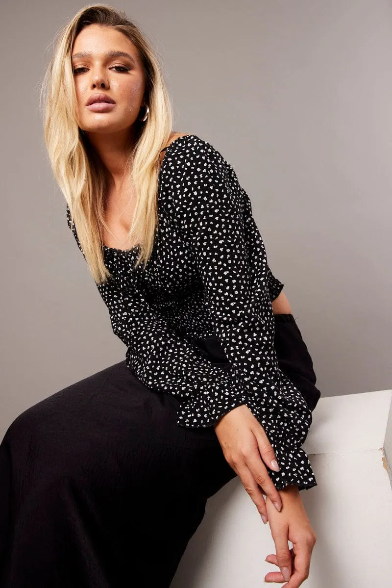 Black Ditsy Crop Top Long Sleeve Shirred Waist sold by Ally Fashion