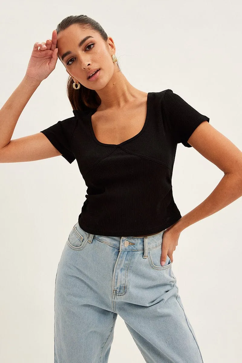 Black T-Shirt Short Sleeve V Neck sold by Ally Fashion product image thumbnail 3