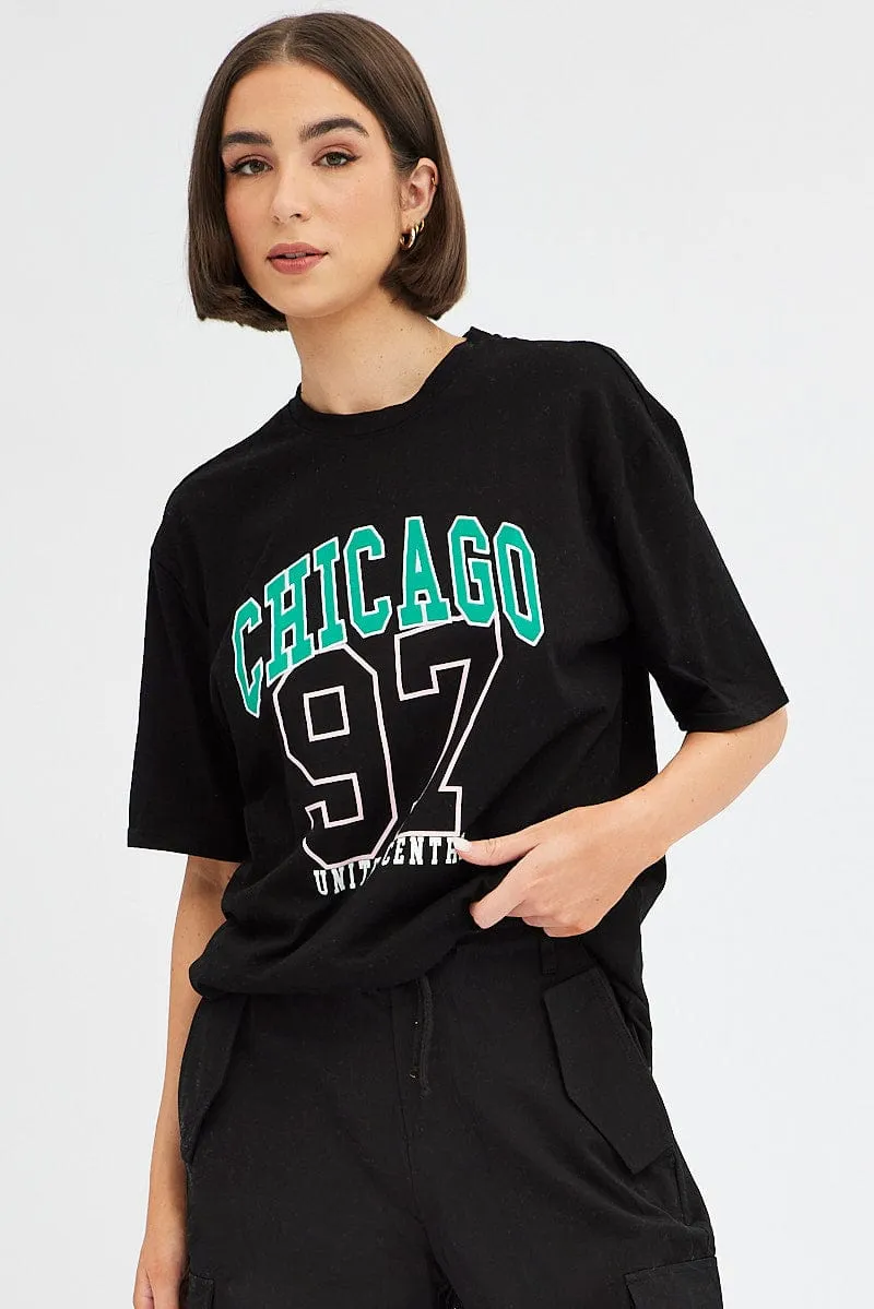 Black Chicago Tee Short Sleeve Round Neck Embroidered sold by Ally Fashion