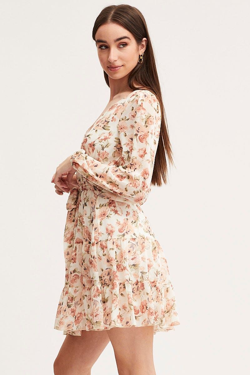 Print Mini Dress Long Sleeve V Neck sold by Ally Fashion product image thumbnail 4