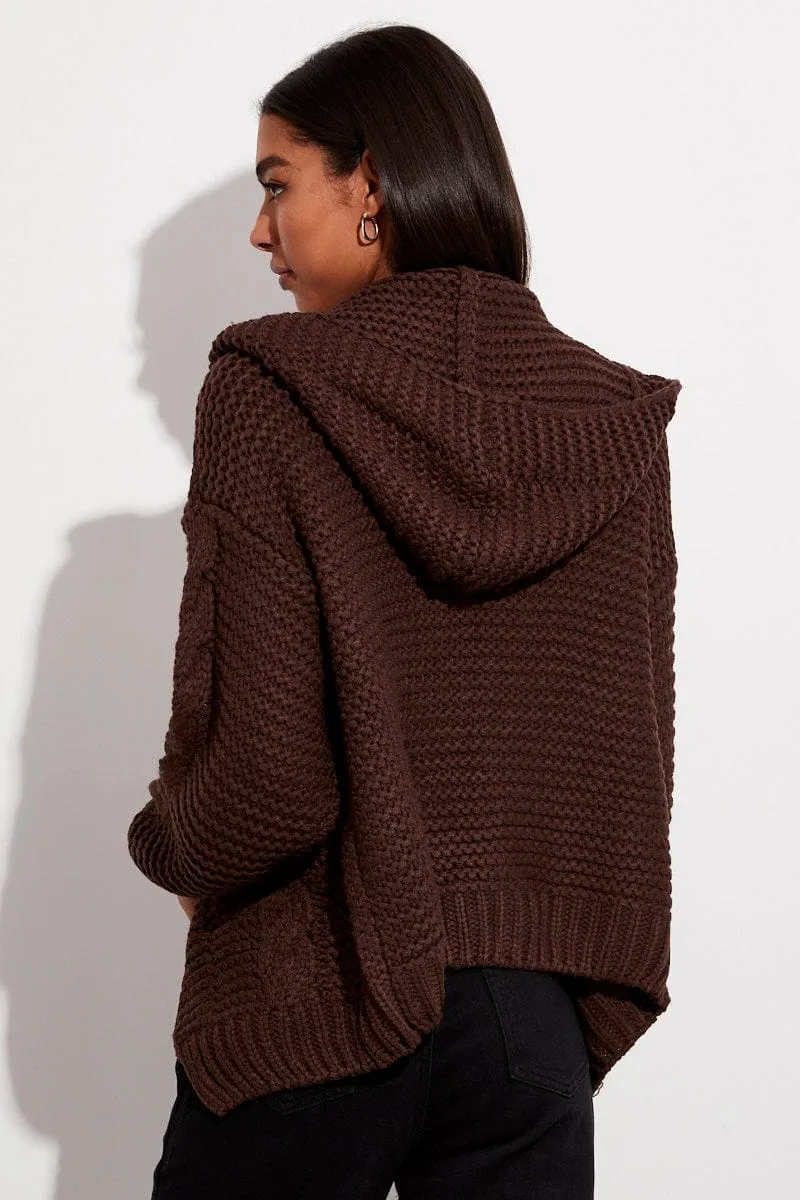 Brown Hooded Cable Knit Cardigan sold by Ally Fashion product image thumbnail 5