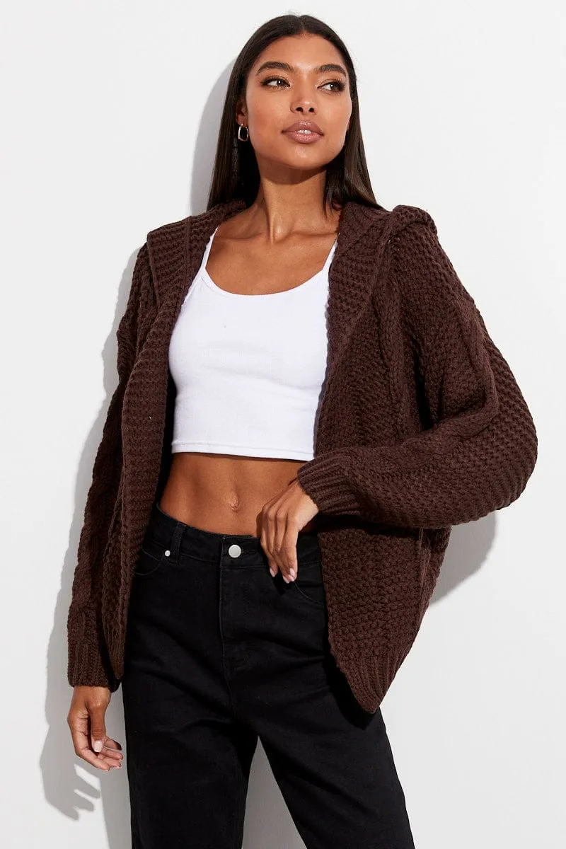 Brown Hooded Cable Knit Cardigan sold by Ally Fashion product image thumbnail 3