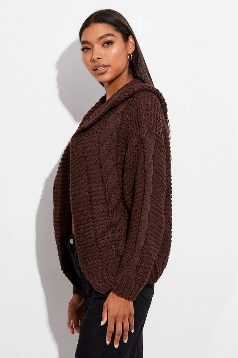 Brown Hooded Cable Knit Cardigan sold by Ally Fashion product image thumbnail 4