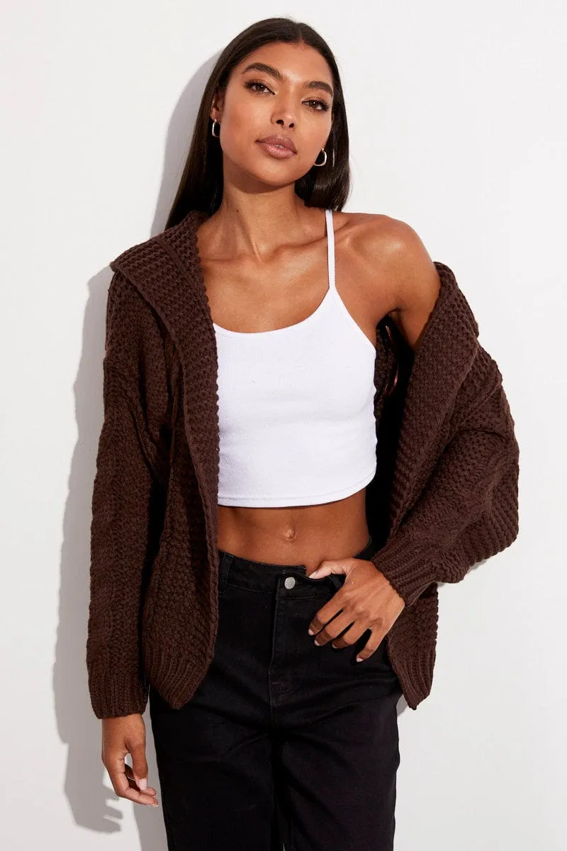 Brown Hooded Cable Knit Cardigan sold by Ally Fashion