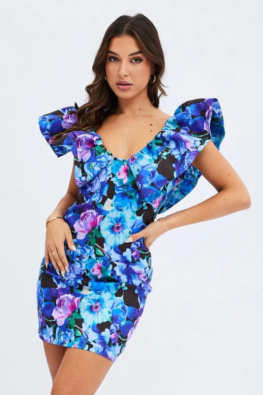 Multi Floral Ruffle Shoulder Plunging Statement Mini Dress sold by Ally Fashion
