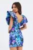 Multi Floral Ruffle Shoulder Plunging Statement Mini Dress sold by Ally Fashion