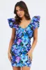 Multi Floral Ruffle Shoulder Plunging Statement Mini Dress sold by Ally Fashion