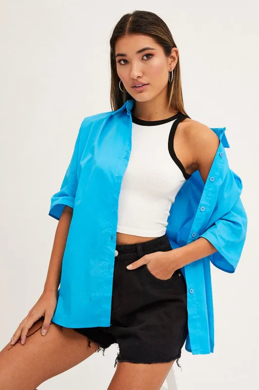 Blue Relaxed Fit Shirt Short Sleeve Collared Longline sold by Ally Fashion