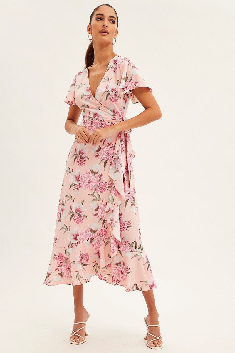 Pink Floral Wrap Midi Dress sold by Ally Fashion product image thumbnail 3