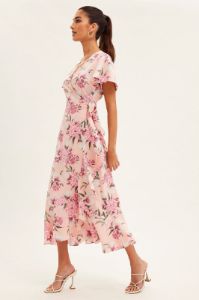 Pink Floral Wrap Midi Dress sold by Ally Fashion