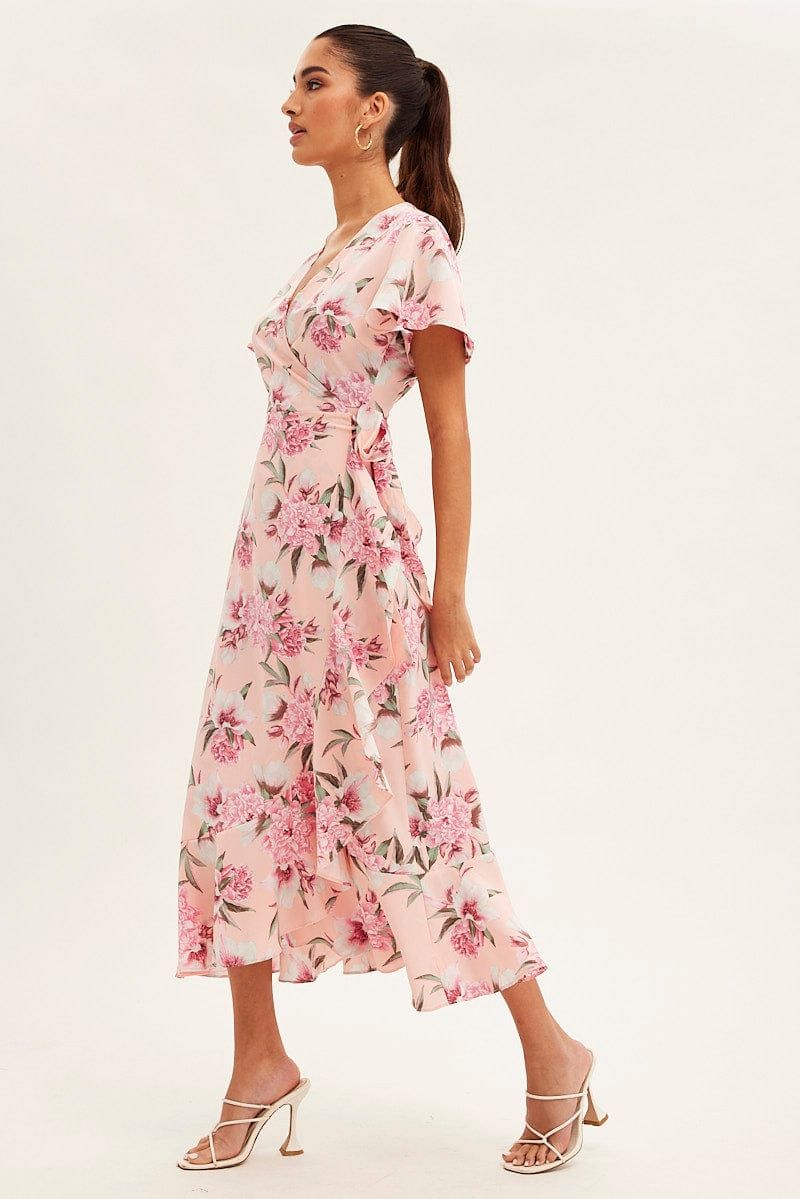 Pink Floral Wrap Midi Dress sold by Ally Fashion product image thumbnail 4