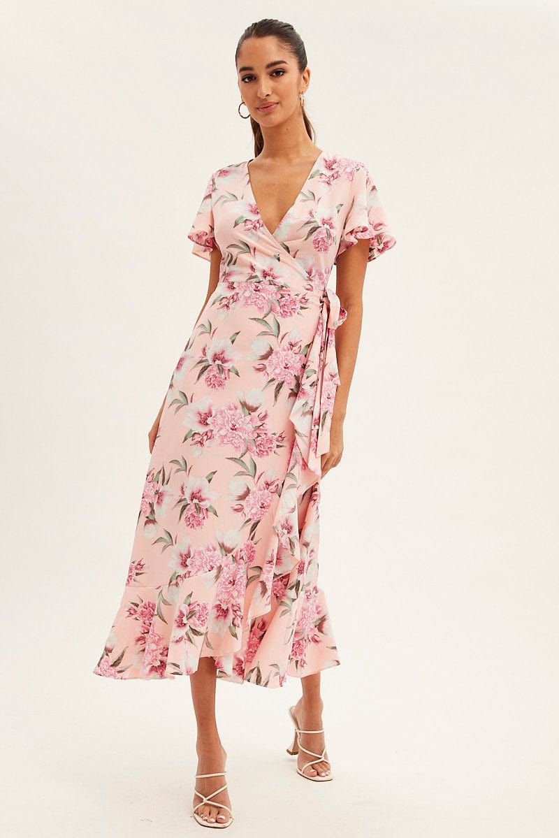 Pink Floral Wrap Midi Dress sold by Ally Fashion