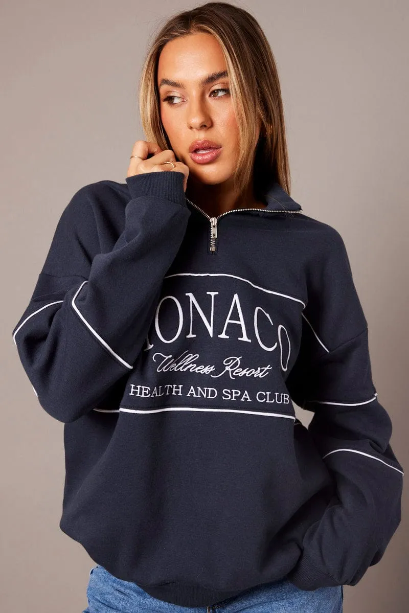 Blue Zip Sweater Funnel Neck Oversized sold by Ally Fashion