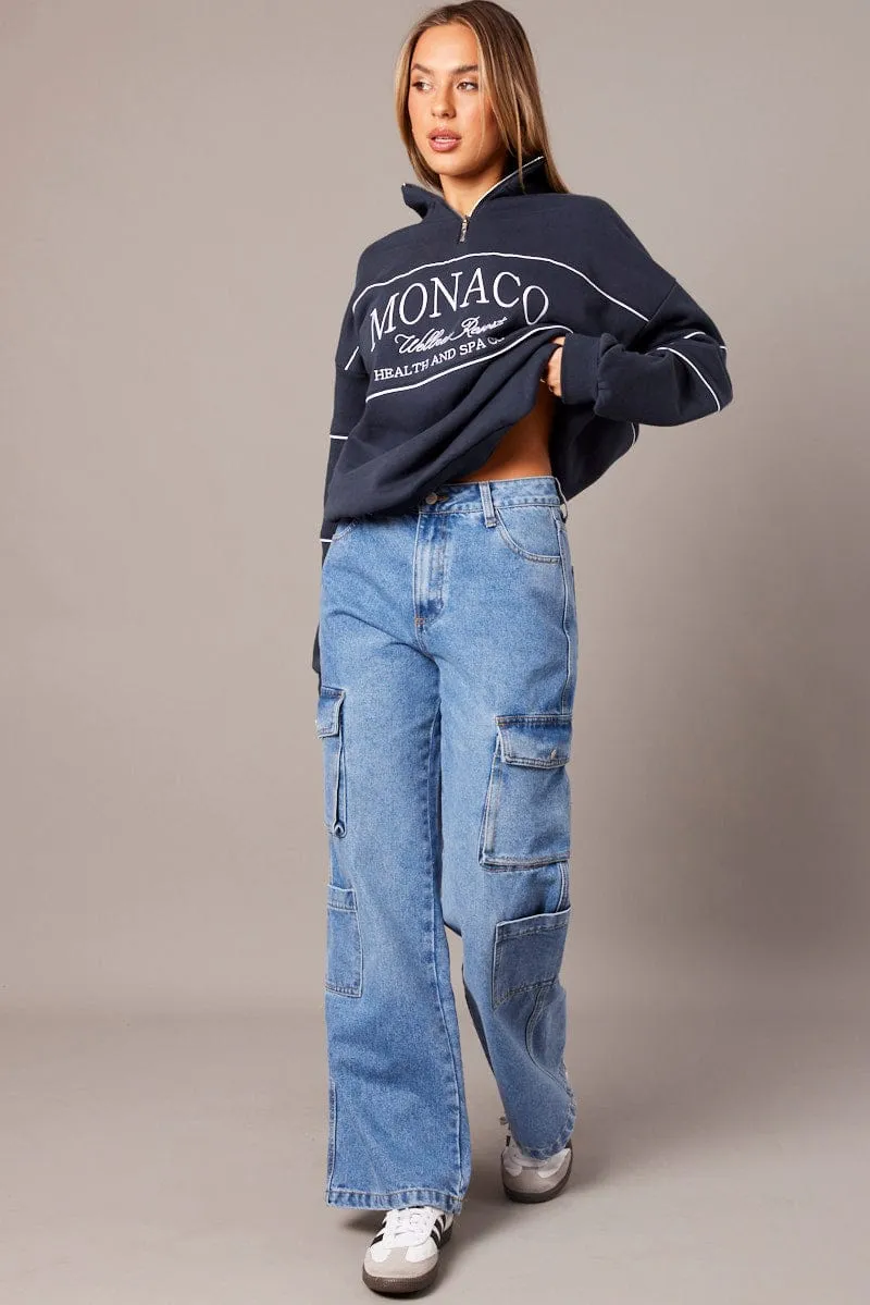 Blue Zip Sweater Funnel Neck Oversized sold by Ally Fashion product image thumbnail 2