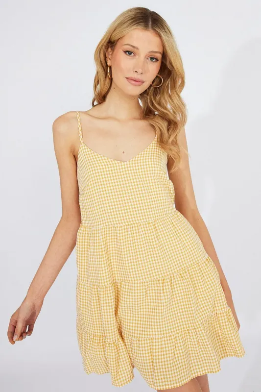 Beige Check Fit and Flare Dress Sleeveless Tiered sold by Ally Fashion
