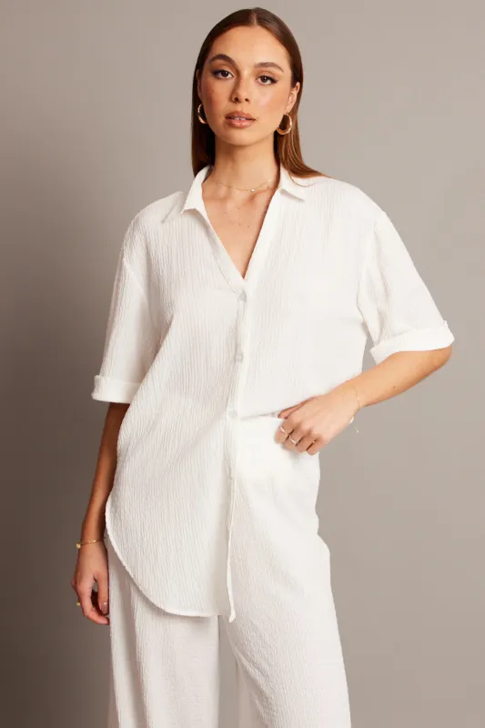 White Textured Shirt Short Sleeve sold by Ally Fashion