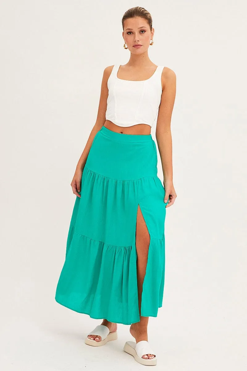 Green Maxi Skirt High Waist Split Tiered sold by Ally Fashion