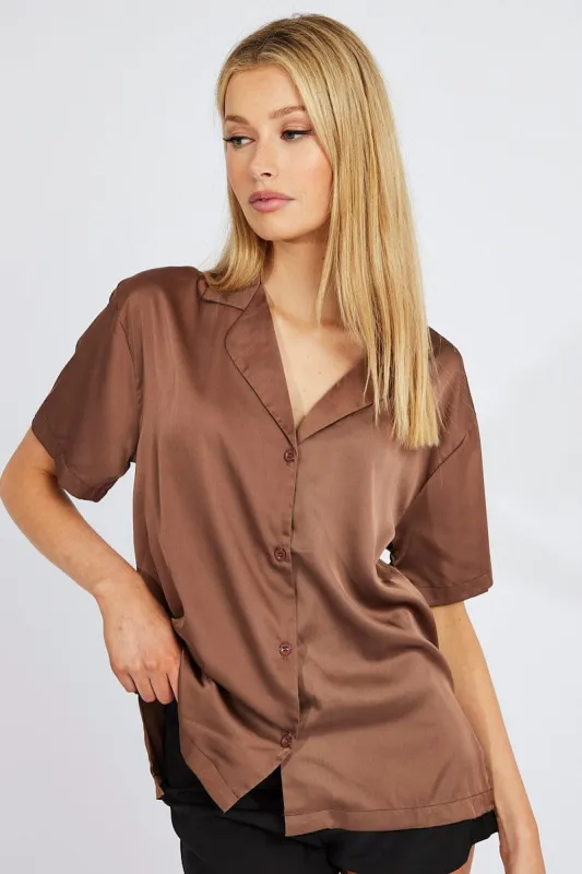 Brown Satin Shirt Short Sleeve sold by Ally Fashion