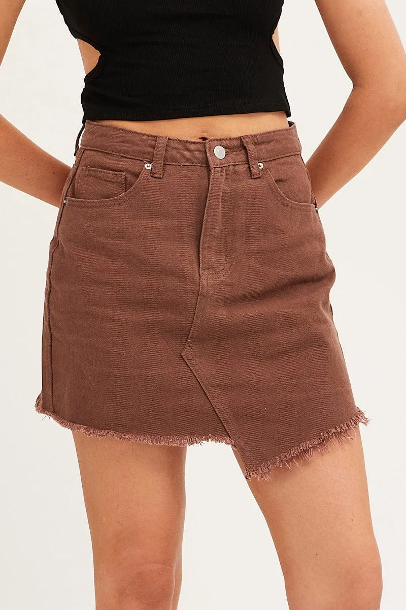 Brown Denim Skirt Mini Asymmetric Hem sold by Ally Fashion product image thumbnail 2