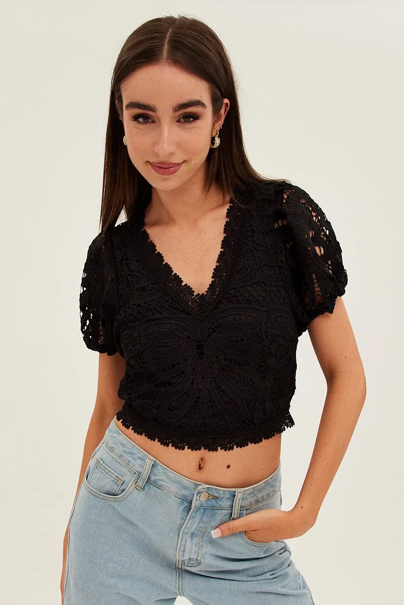Black Lace Top Short Sleeve V Neck Crop sold by Ally Fashion product image thumbnail 3