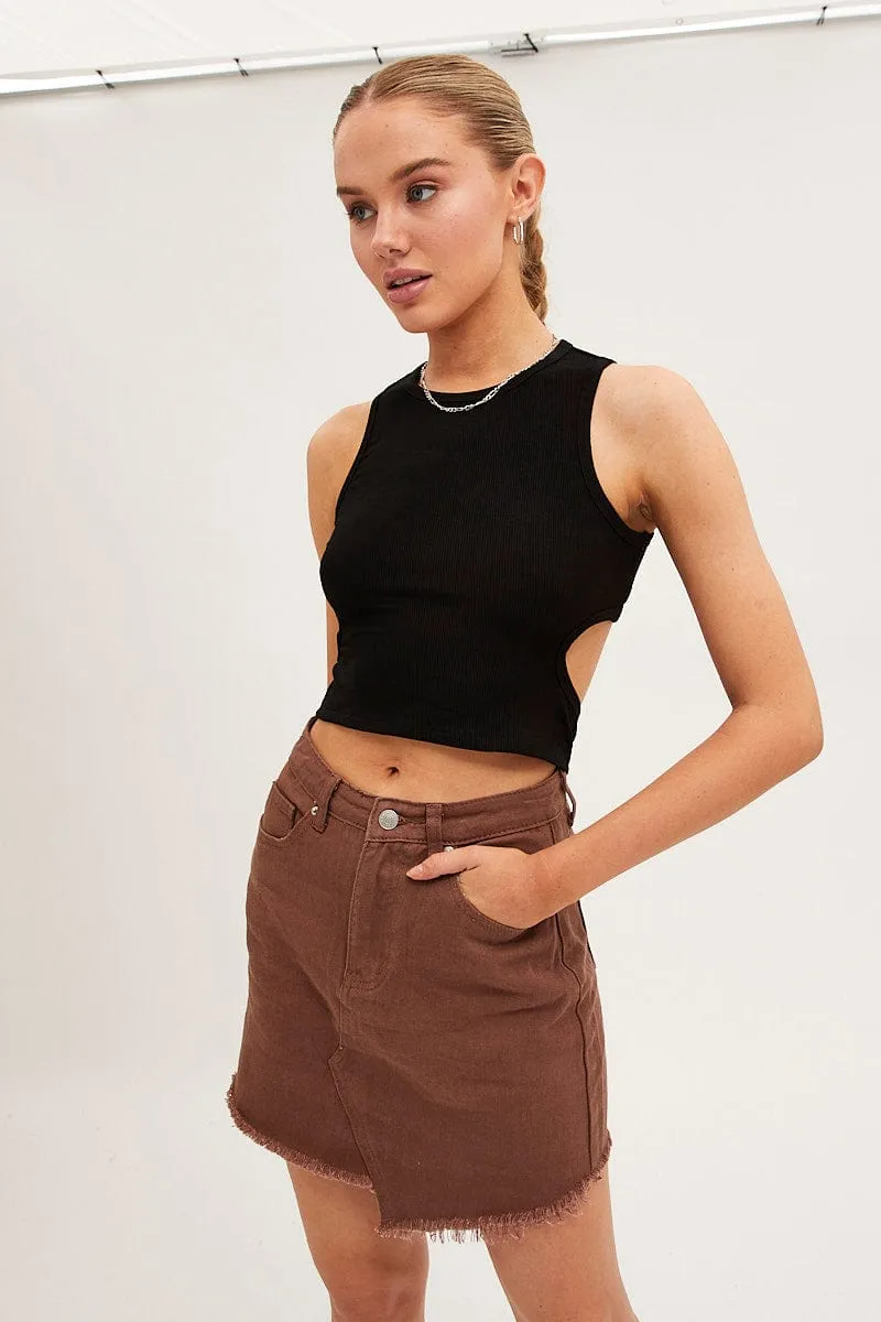 Brown Denim Skirt Mini Asymmetric Hem sold by Ally Fashion