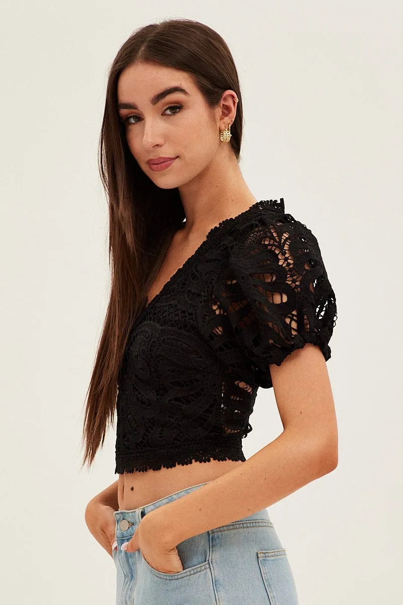 Black Lace Top Short Sleeve V Neck Crop sold by Ally Fashion product image thumbnail 4