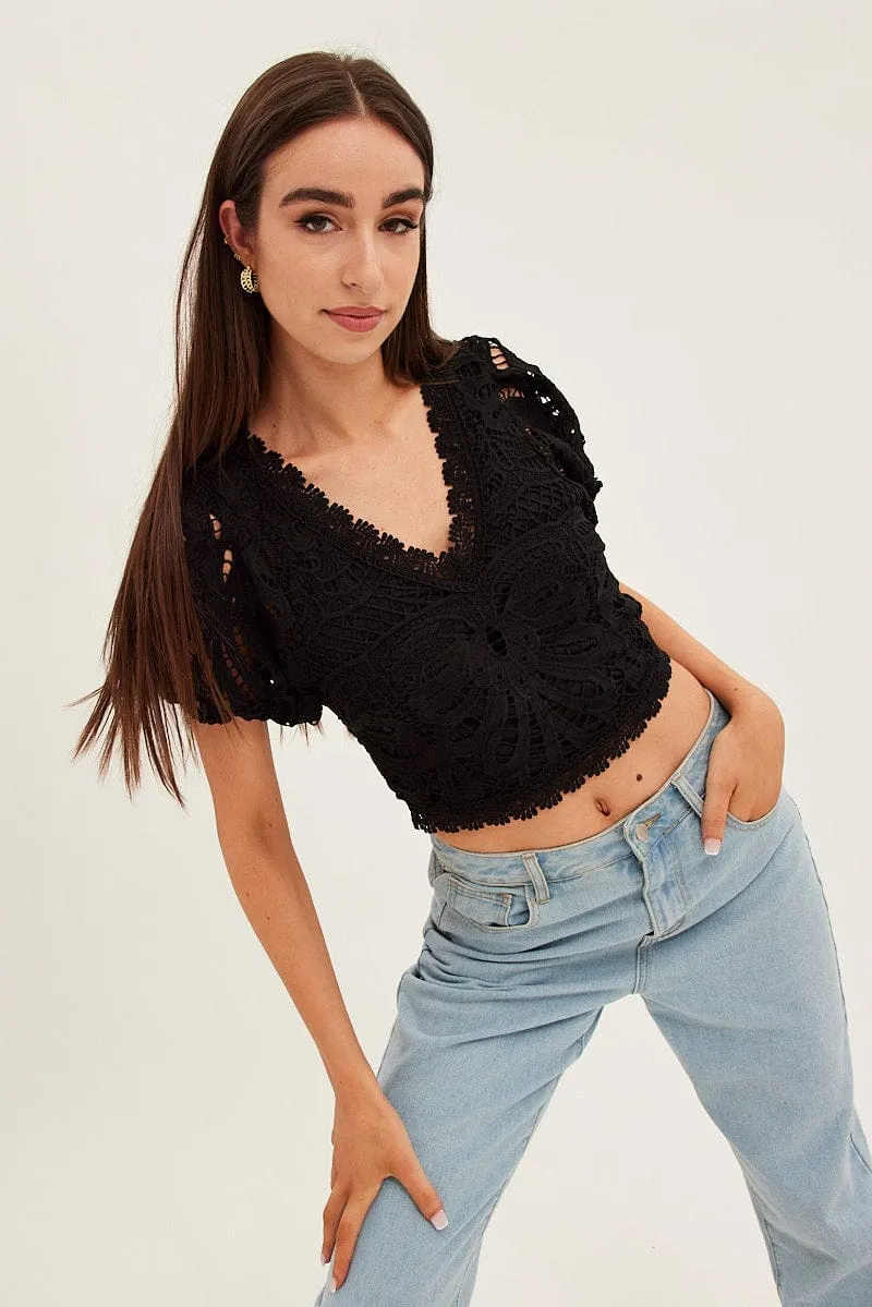 Black Lace Top Short Sleeve V Neck Crop sold by Ally Fashion