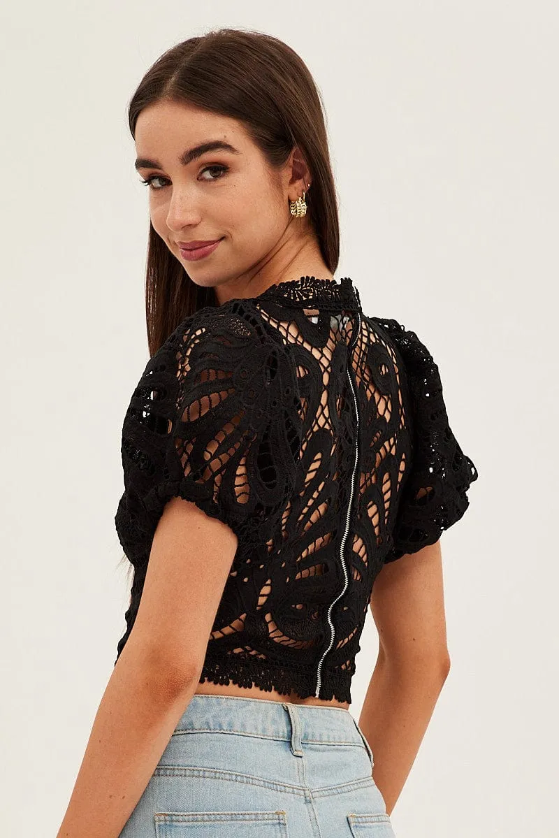 Black Lace Top Short Sleeve V Neck Crop sold by Ally Fashion product image thumbnail 5