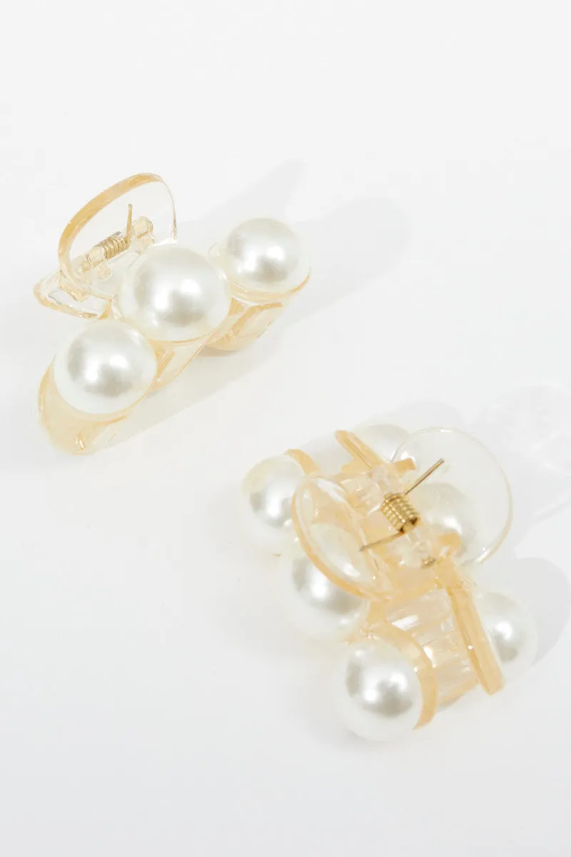 White 2 Pack Pearl Claw Clips sold by Ally Fashion