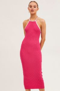 Pink Knit Dress Midi Halter Neck Binding Detail sold by Ally Fashion