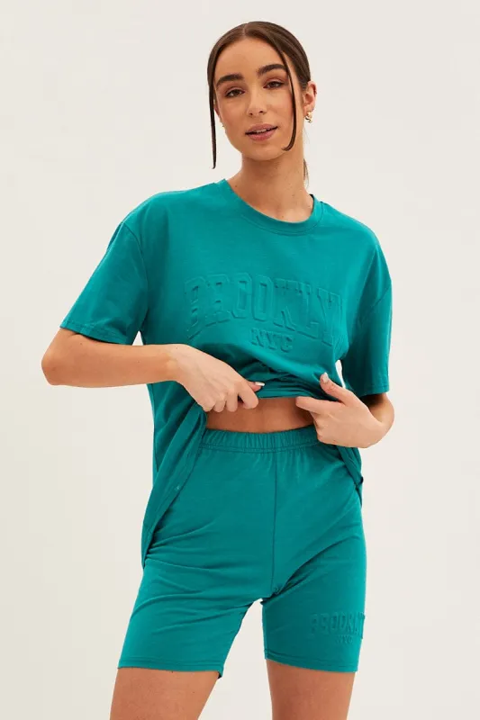 Green Textured Tee And Biker Shorts Set sold by Ally Fashion