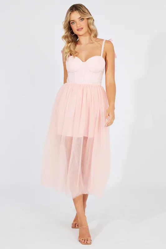 Pink Midi Dress Tulle Corset Detail Occasion Dress sold by Ally Fashion