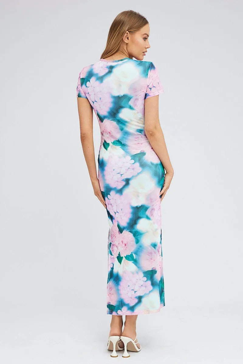 Pink Abstract Maxi Dress Short Sleeve Crew Neck Bodycon Mesh sold by Ally Fashion product image thumbnail 5