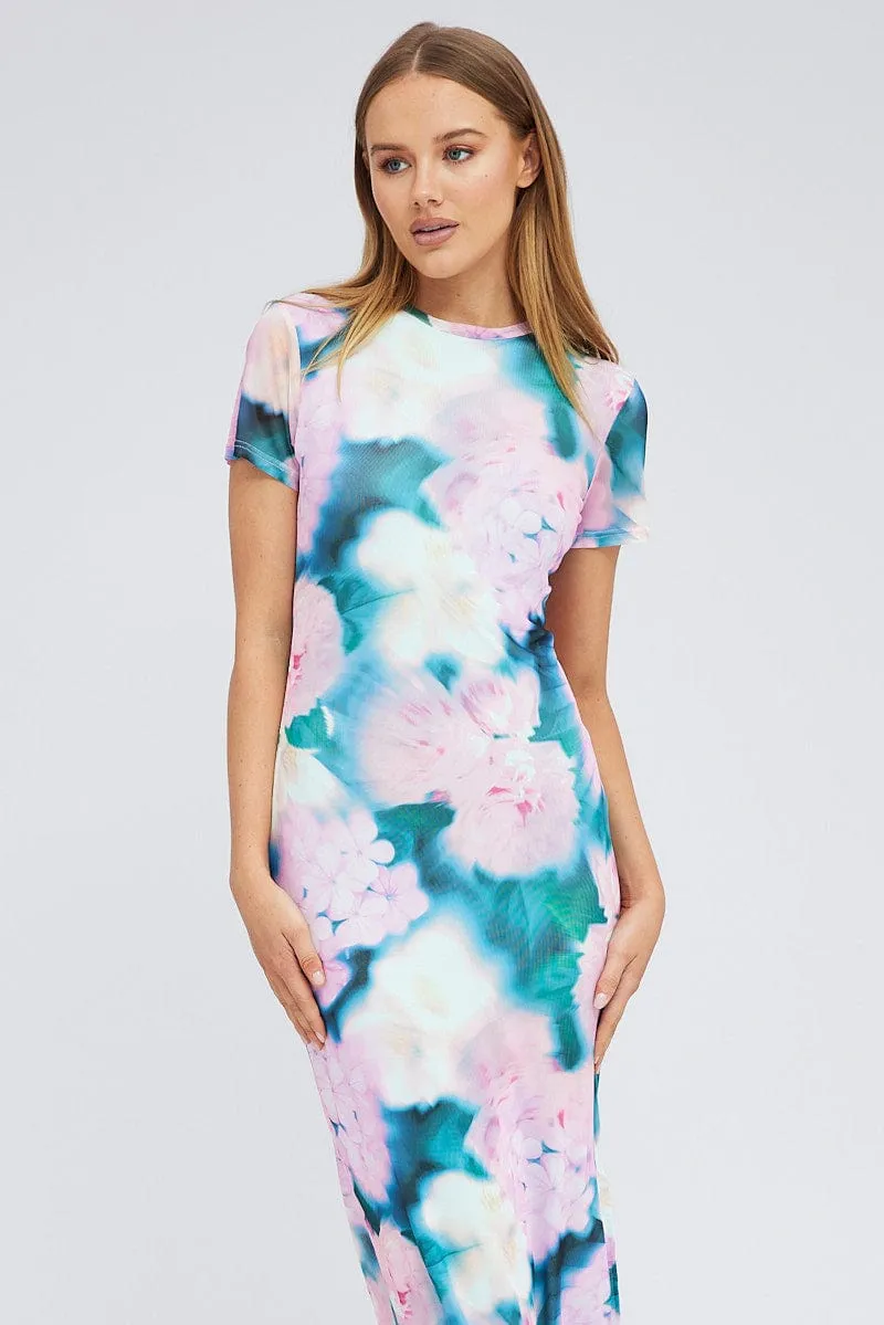 Pink Abstract Maxi Dress Short Sleeve Crew Neck Bodycon Mesh sold by Ally Fashion product image thumbnail 2