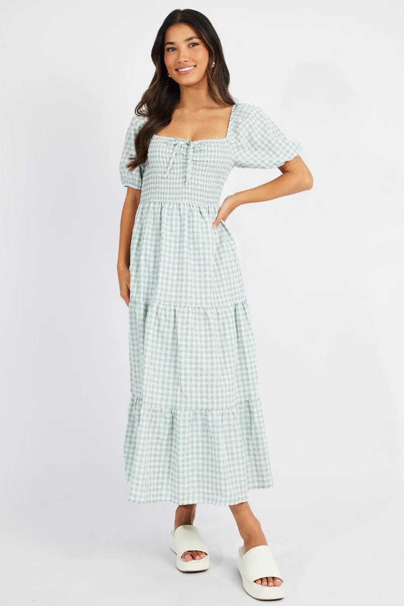 Green Check Maxi Dress Short Sleeve Shirred sold by Ally Fashion