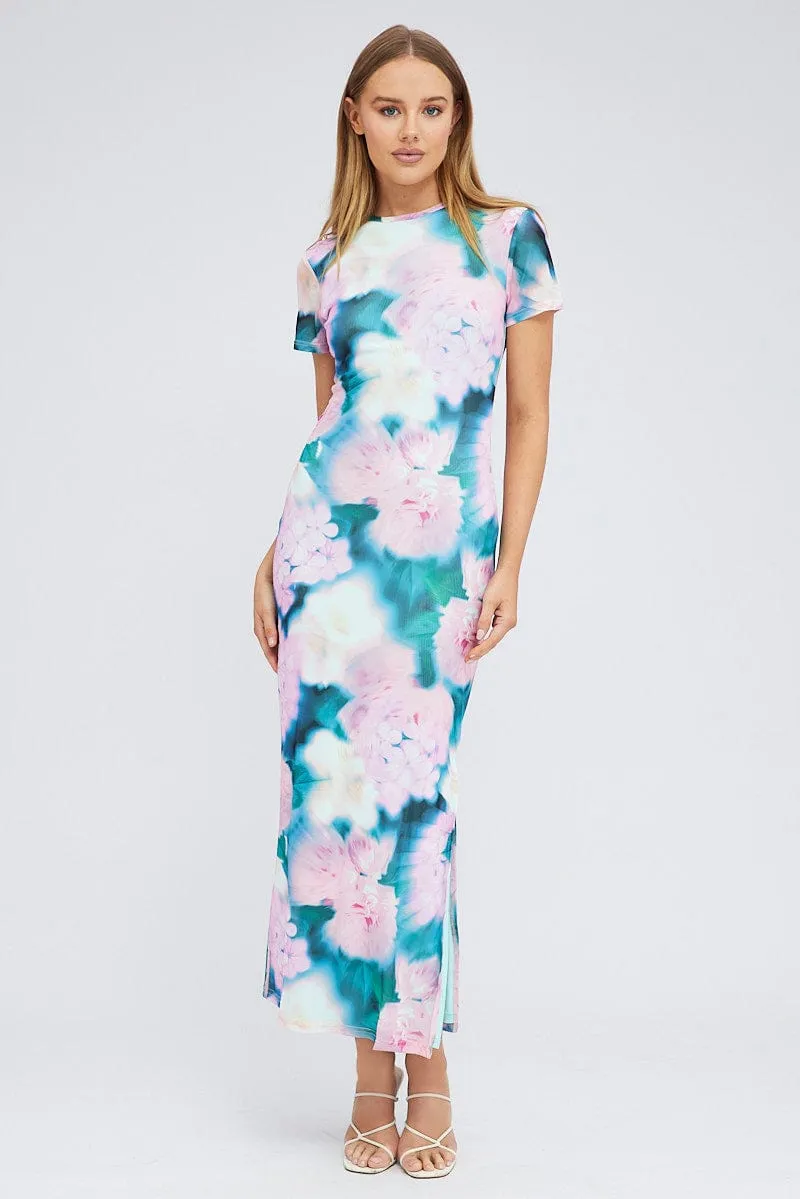 Pink Abstract Maxi Dress Short Sleeve Crew Neck Bodycon Mesh sold by Ally Fashion product image thumbnail 3