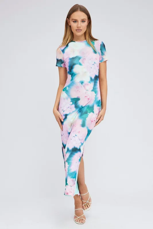 Pink Abstract Maxi Dress Short Sleeve Crew Neck Bodycon Mesh sold by Ally Fashion