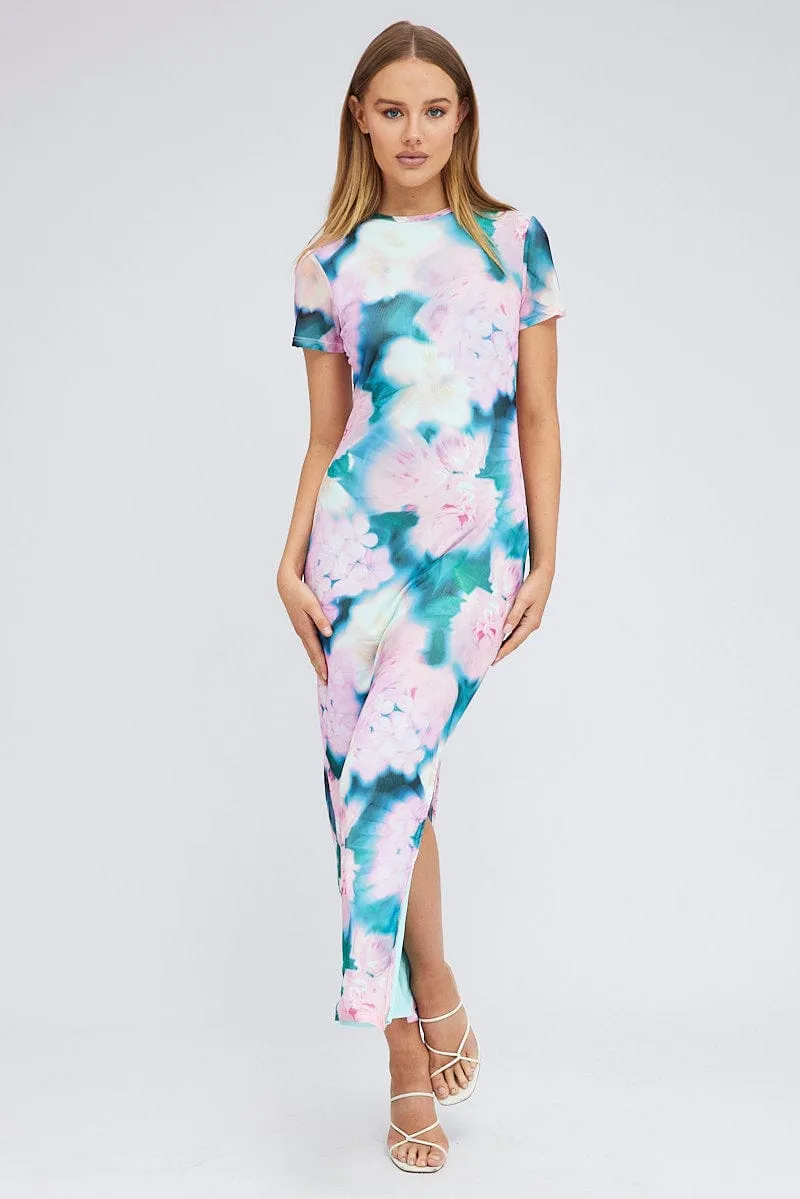 Pink Abstract Maxi Dress Short Sleeve Crew Neck Bodycon Mesh sold by Ally Fashion