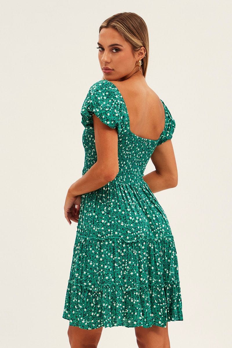 Green Floral Square Neck Tiered Skater Dress sold by Ally Fashion product image thumbnail 5