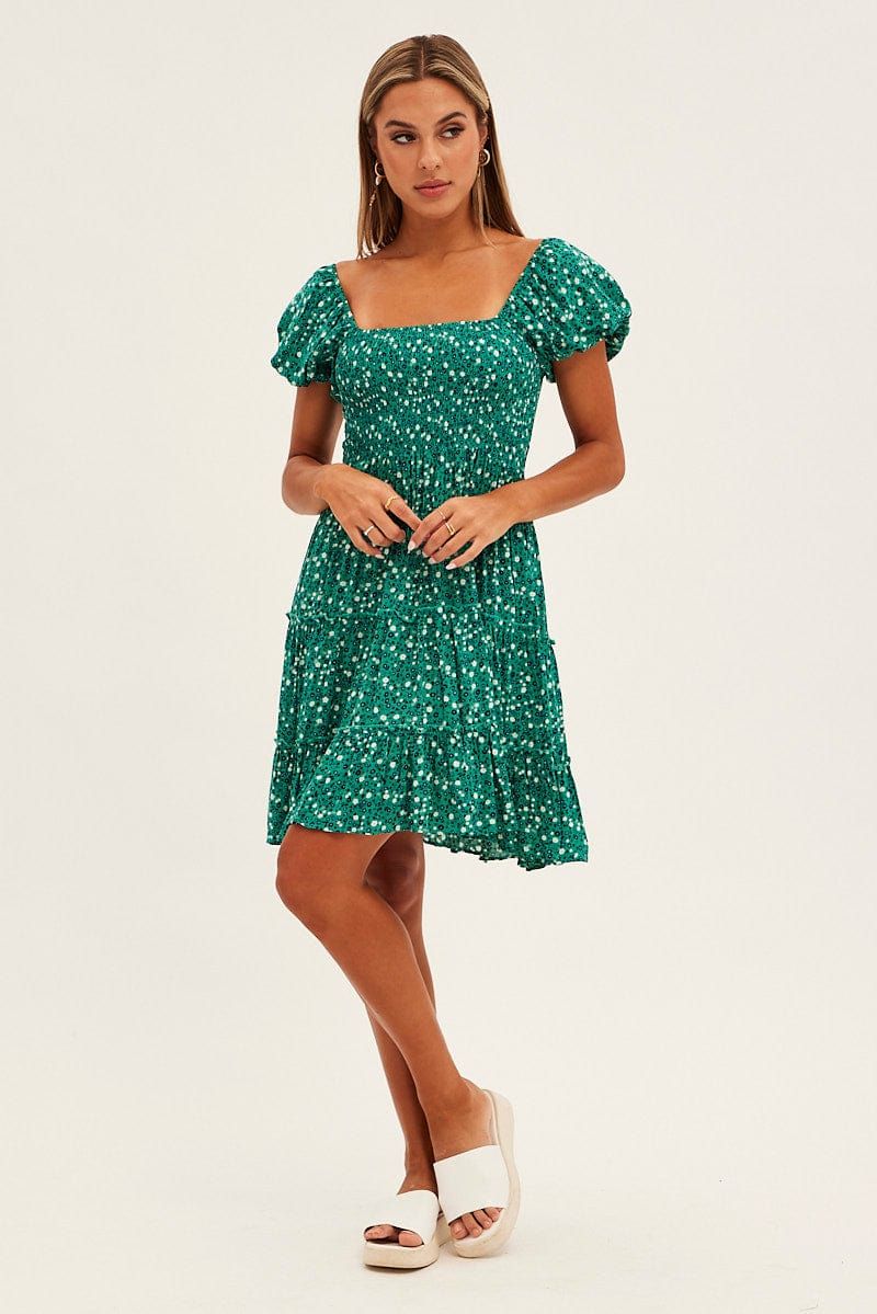 Green Floral Square Neck Tiered Skater Dress sold by Ally Fashion product image thumbnail 2
