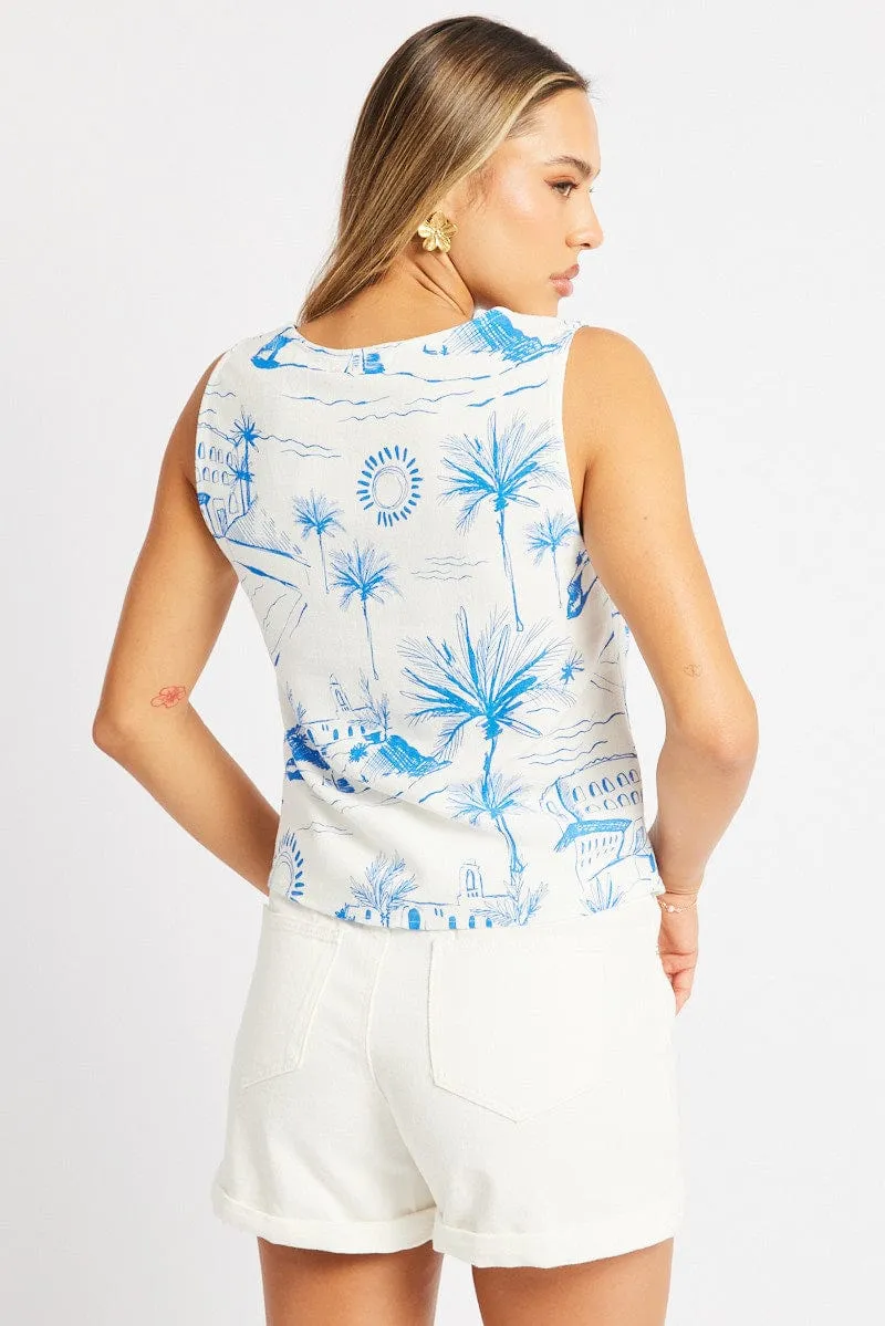 Blue Abstract Tie Up Top Linen sold by Ally Fashion product image thumbnail 5